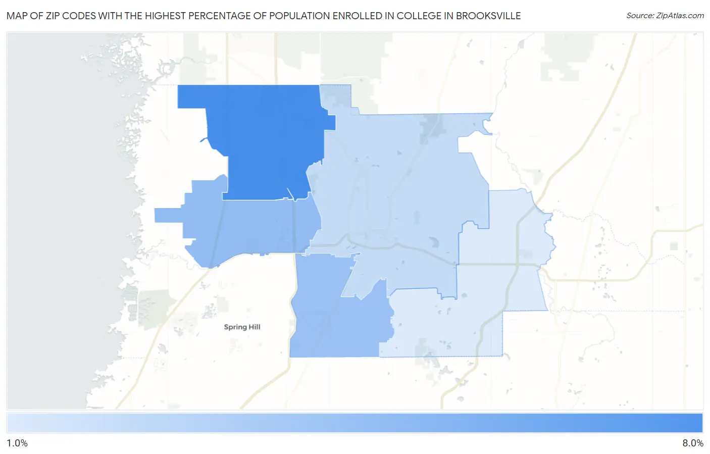 Zip Codes with the Highest Percentage of Population Enrolled in College in Brooksville Map