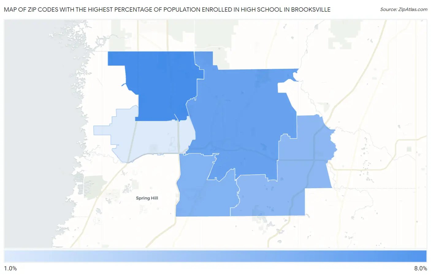 Zip Codes with the Highest Percentage of Population Enrolled in High School in Brooksville Map
