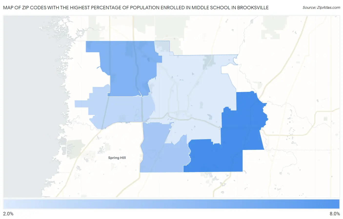 Zip Codes with the Highest Percentage of Population Enrolled in Middle School in Brooksville Map