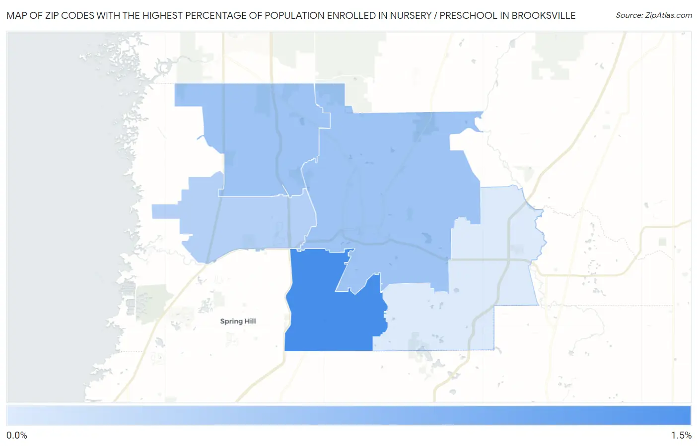 Zip Codes with the Highest Percentage of Population Enrolled in Nursery / Preschool in Brooksville Map