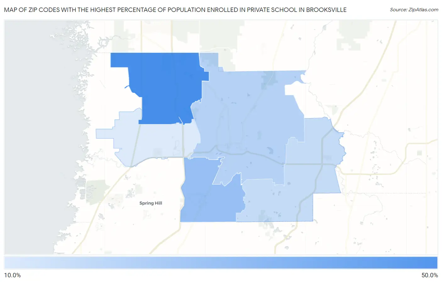 Zip Codes with the Highest Percentage of Population Enrolled in Private School in Brooksville Map