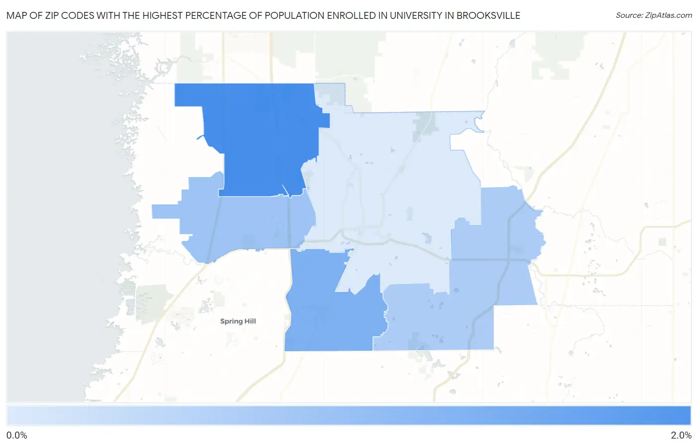Zip Codes with the Highest Percentage of Population Enrolled in University in Brooksville Map