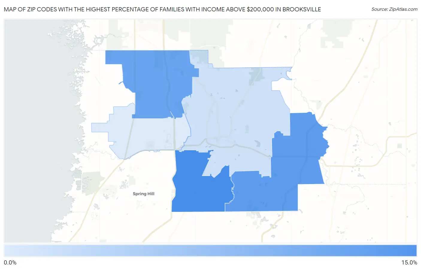 Zip Codes with the Highest Percentage of Families with Income Above $200,000 in Brooksville Map