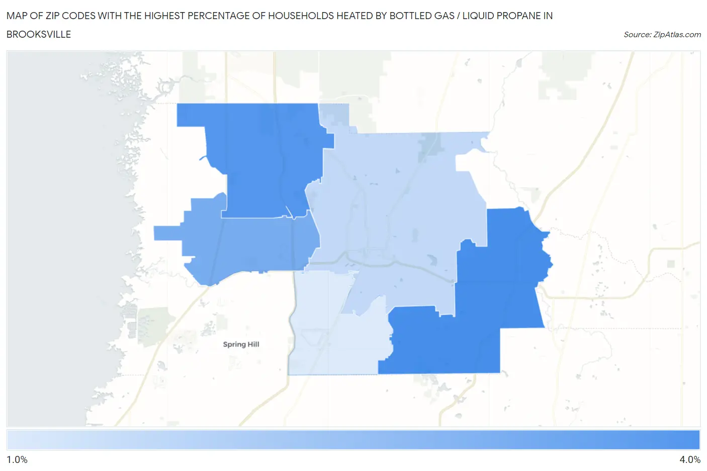 Zip Codes with the Highest Percentage of Households Heated by Bottled Gas / Liquid Propane in Brooksville Map