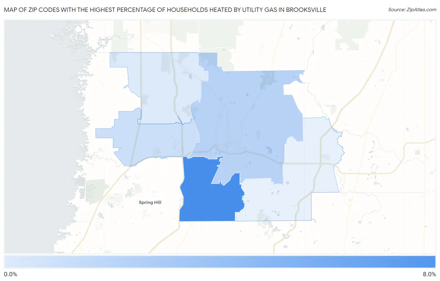 Zip Codes with the Highest Percentage of Households Heated by Utility Gas in Brooksville Map