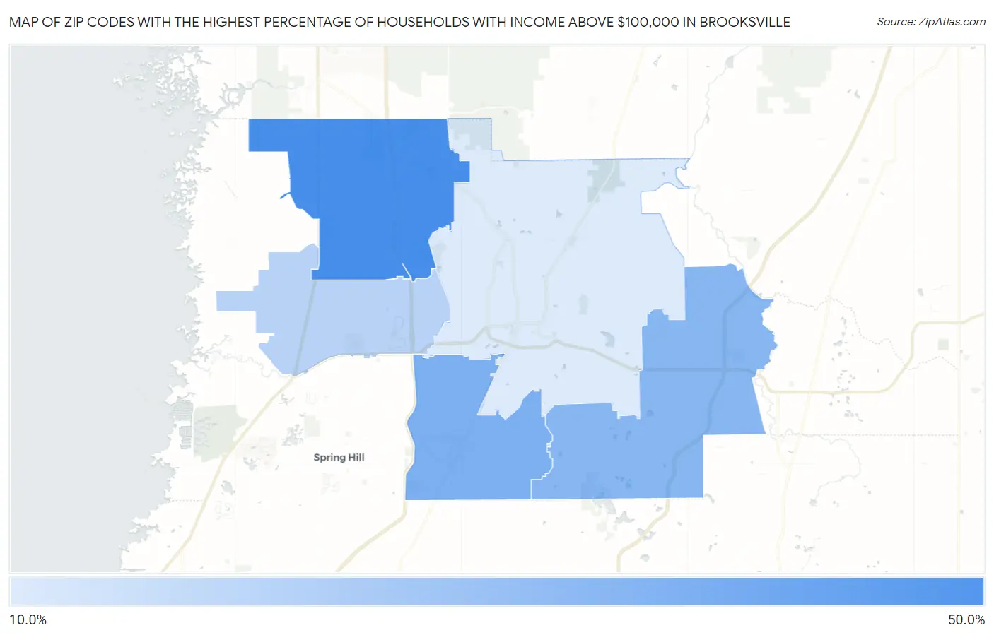 Zip Codes with the Highest Percentage of Households with Income Above $100,000 in Brooksville Map