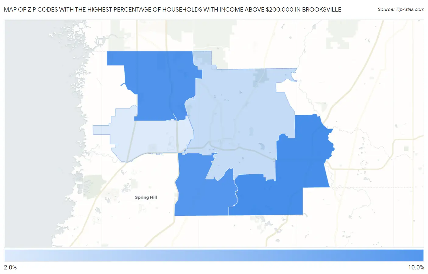 Zip Codes with the Highest Percentage of Households with Income Above $200,000 in Brooksville Map