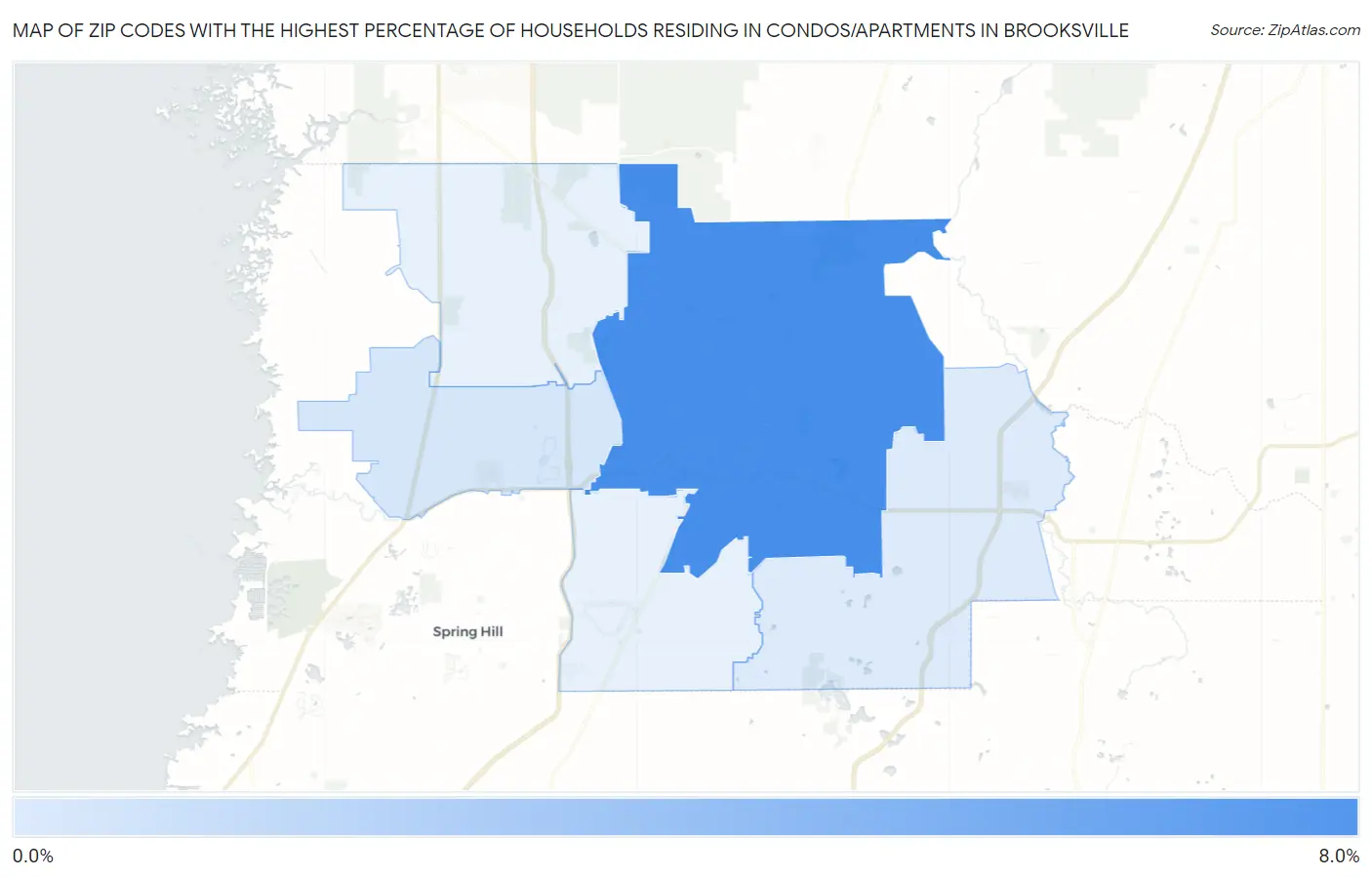 Zip Codes with the Highest Percentage of Households Residing in Condos/Apartments in Brooksville Map