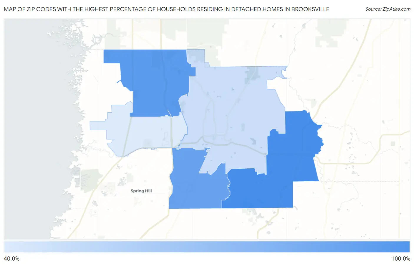 Zip Codes with the Highest Percentage of Households Residing in Detached Homes in Brooksville Map