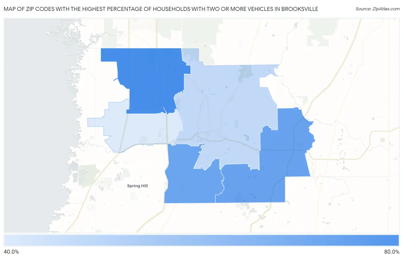 Zip Codes with the Highest Percentage of Households With Two or more Vehicles in Brooksville Map