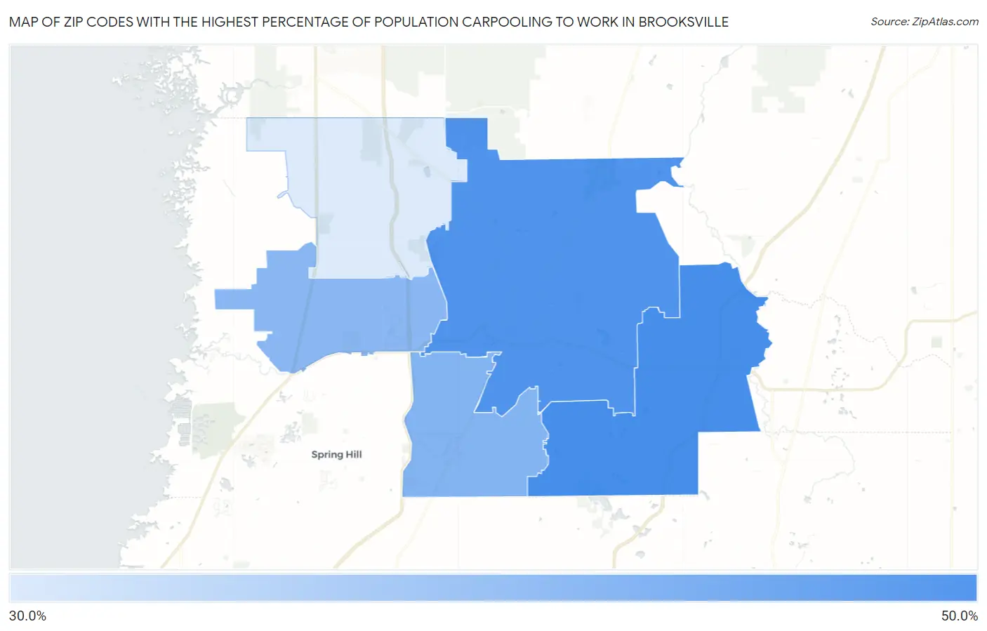 Zip Codes with the Highest Percentage of Population Carpooling to Work in Brooksville Map