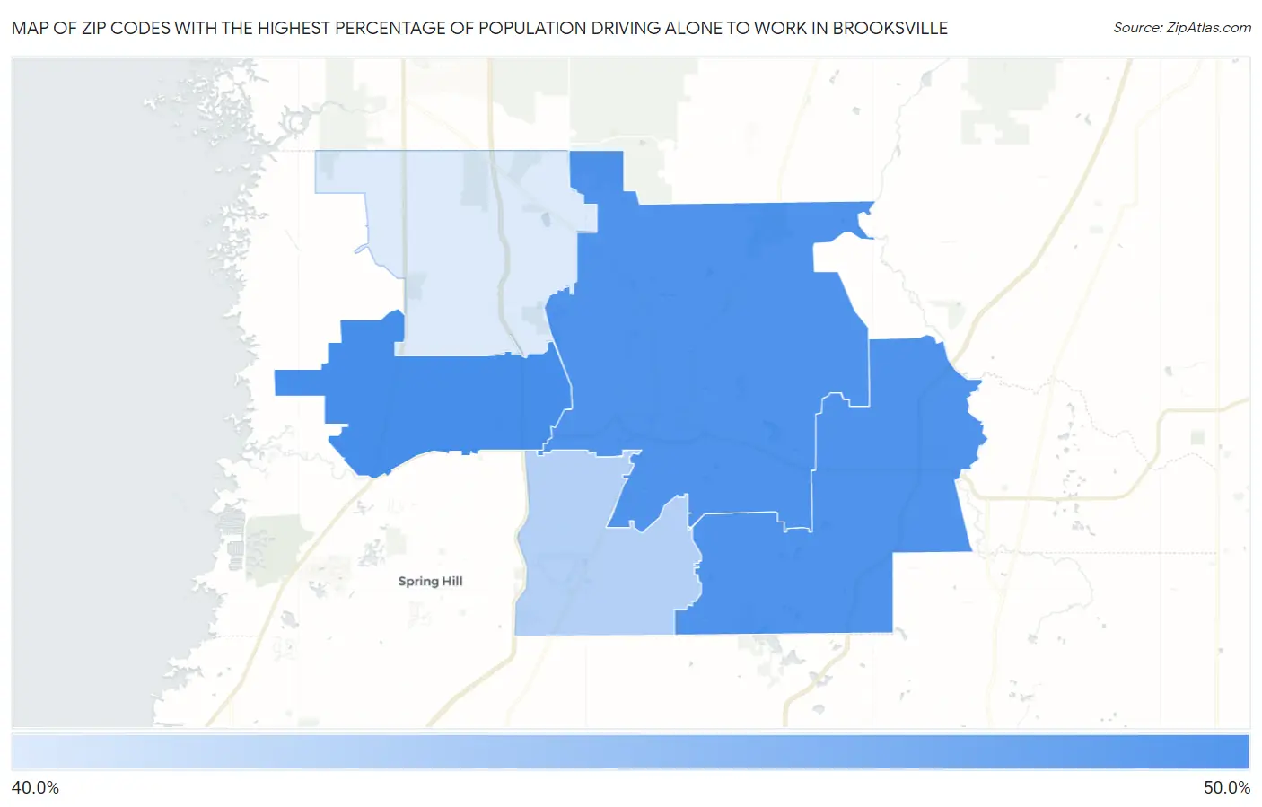 Zip Codes with the Highest Percentage of Population Driving Alone to Work in Brooksville Map