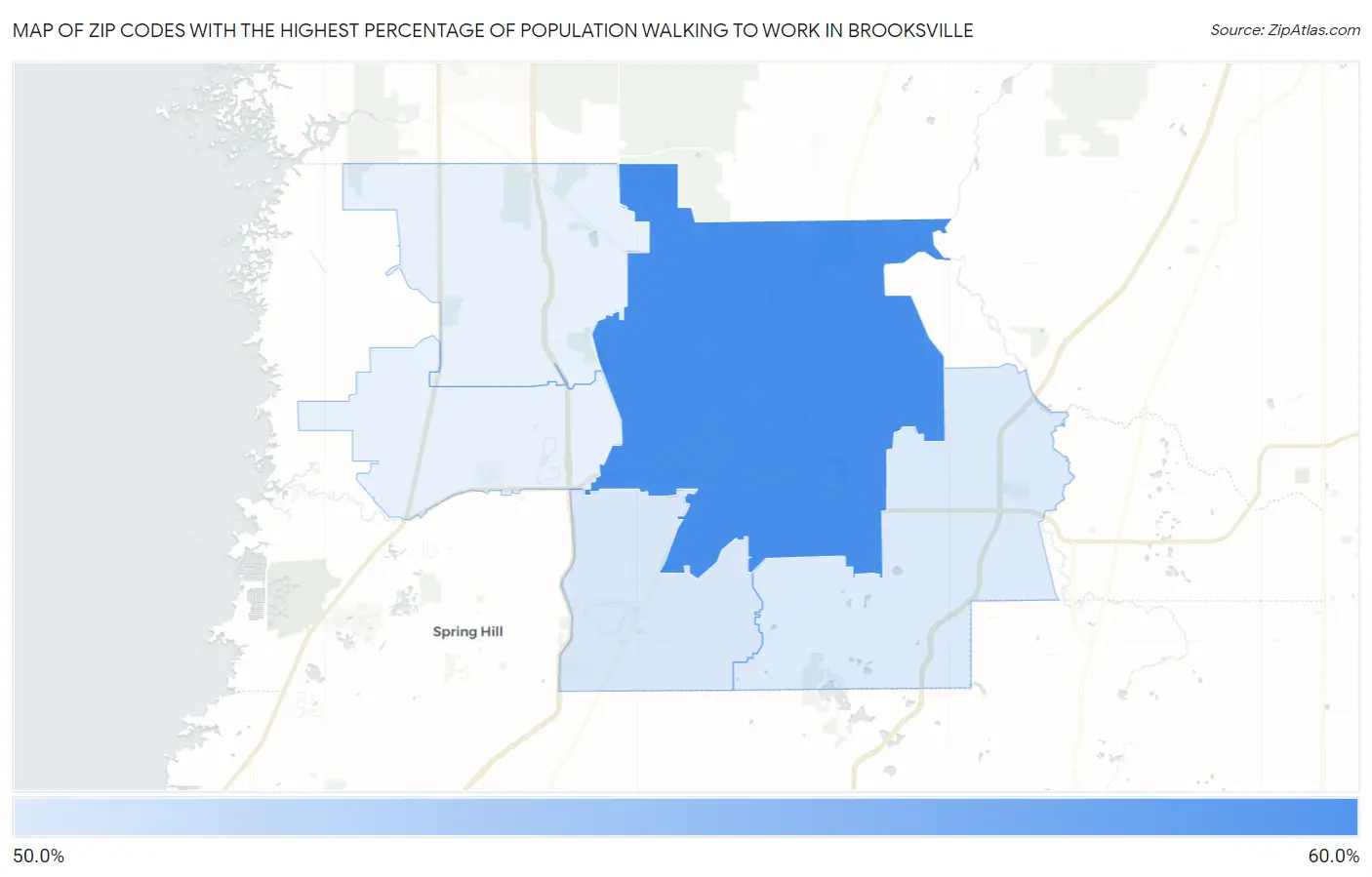 Zip Codes with the Highest Percentage of Population Walking to Work in Brooksville Map