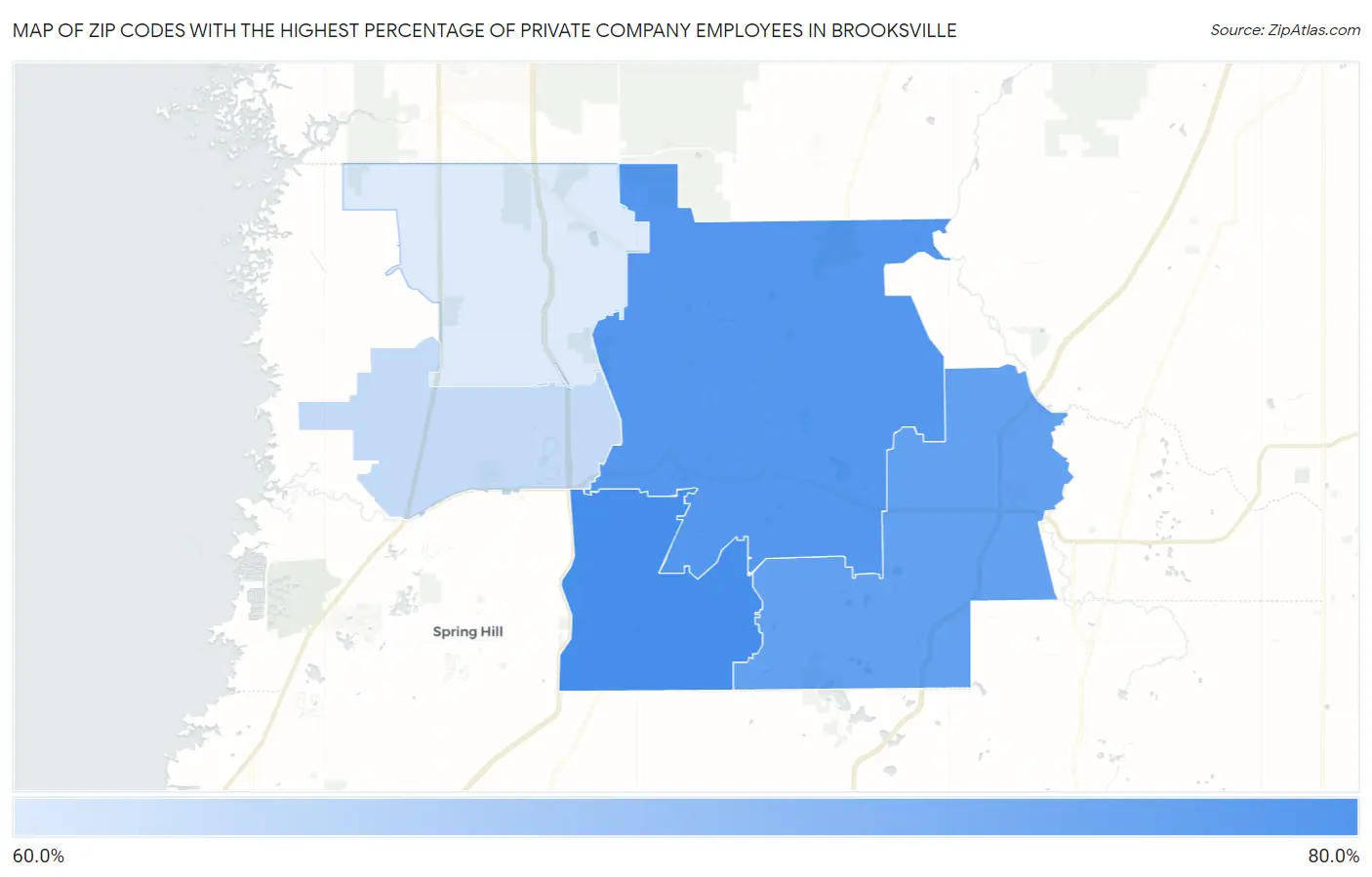 Zip Codes with the Highest Percentage of Private Company Employees in Brooksville Map