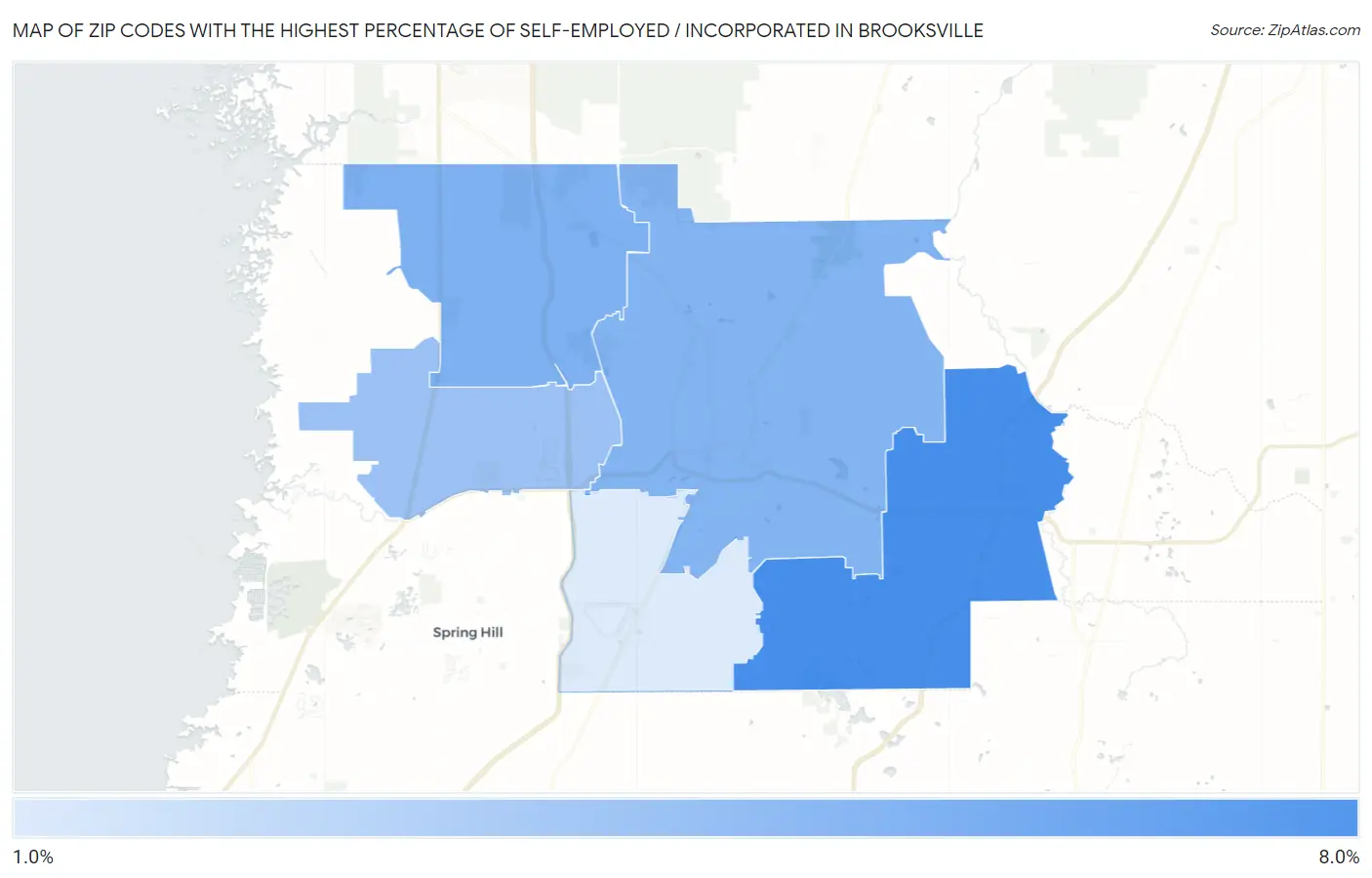 Zip Codes with the Highest Percentage of Self-Employed / Incorporated in Brooksville Map