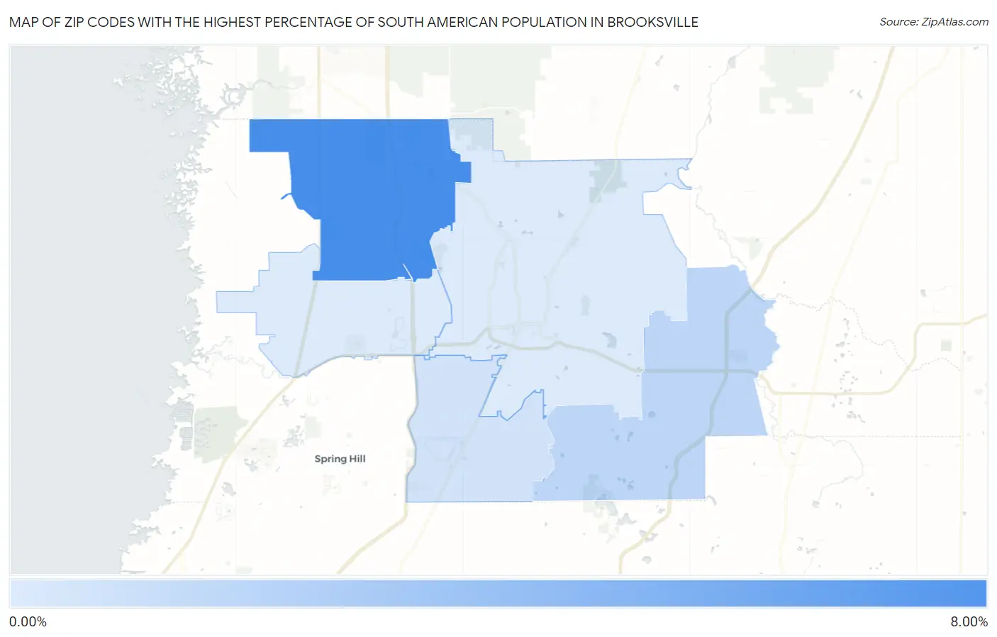 Zip Codes with the Highest Percentage of South American Population in Brooksville Map