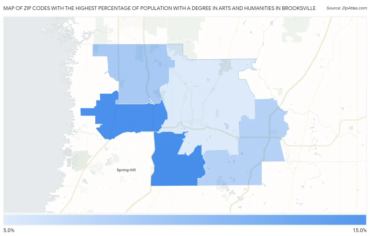 Zip Codes with the Highest Percentage of Population with a Degree in Arts and Humanities in Brooksville Map