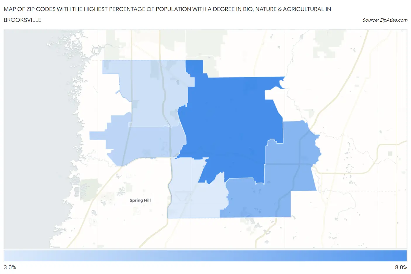 Zip Codes with the Highest Percentage of Population with a Degree in Bio, Nature & Agricultural in Brooksville Map