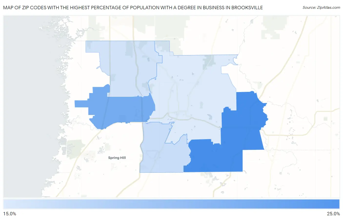 Zip Codes with the Highest Percentage of Population with a Degree in Business in Brooksville Map