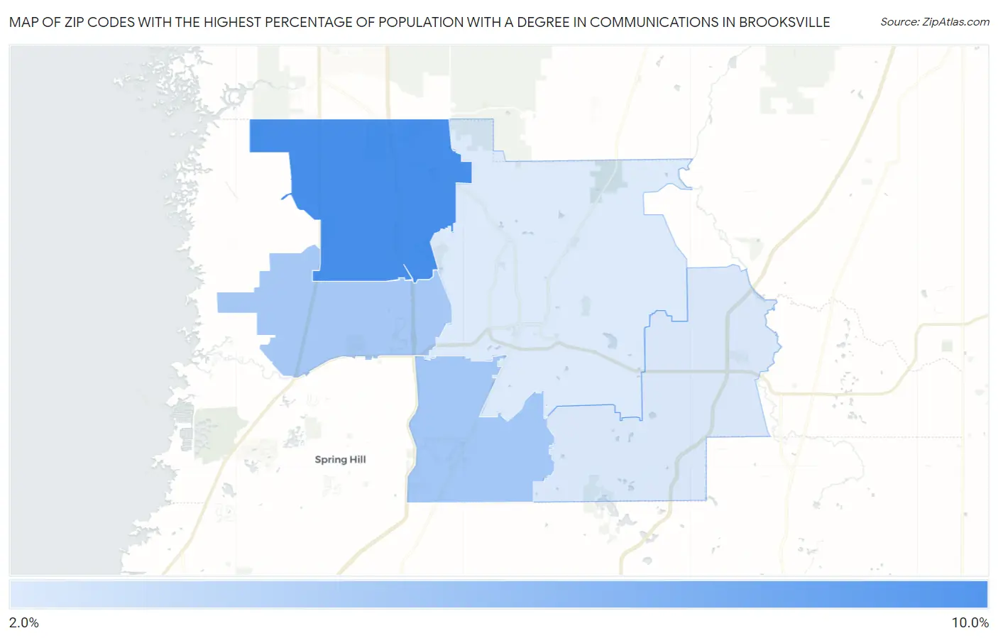 Zip Codes with the Highest Percentage of Population with a Degree in Communications in Brooksville Map