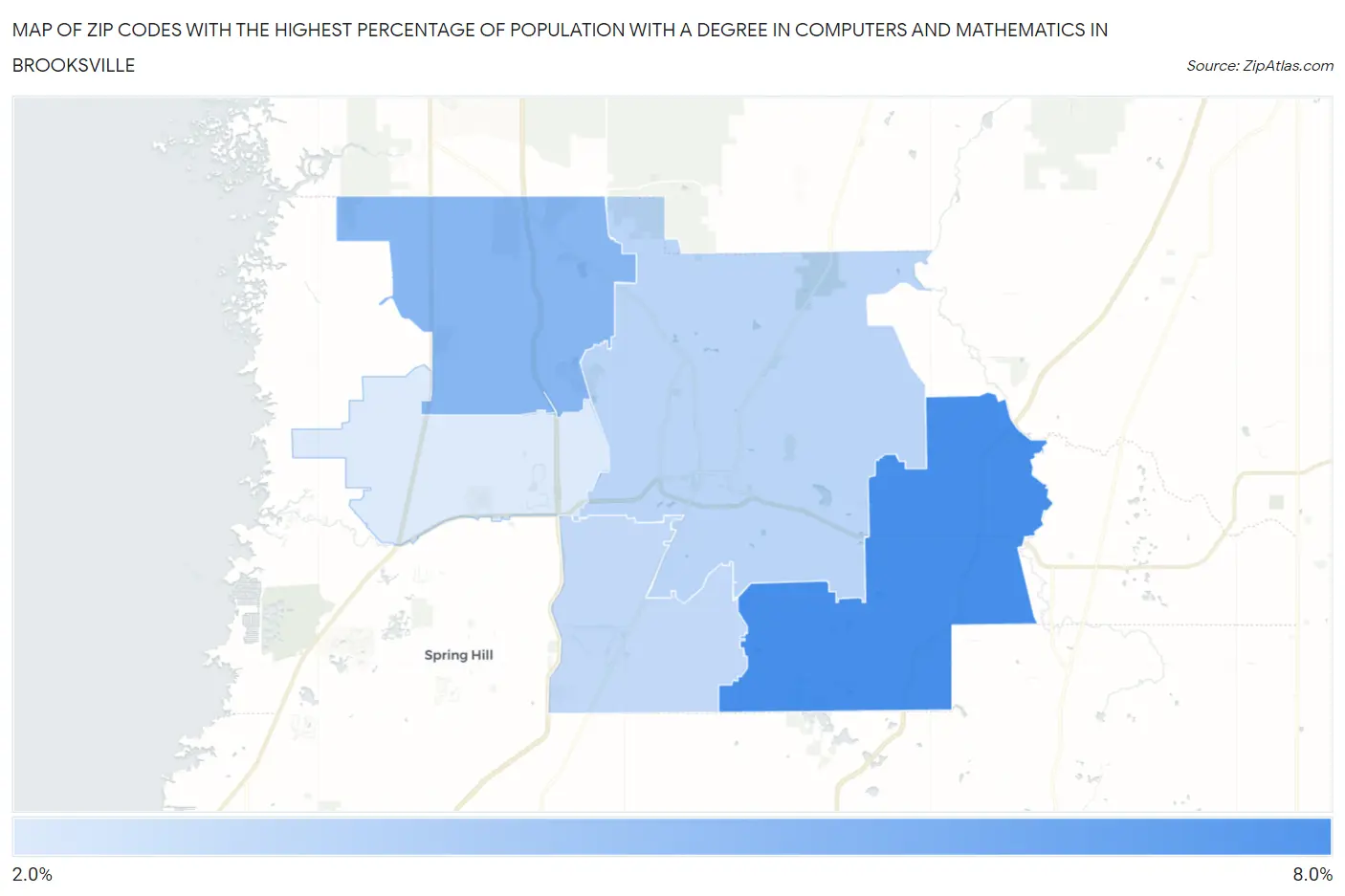 Zip Codes with the Highest Percentage of Population with a Degree in Computers and Mathematics in Brooksville Map