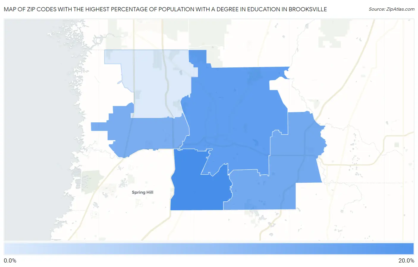 Zip Codes with the Highest Percentage of Population with a Degree in Education in Brooksville Map