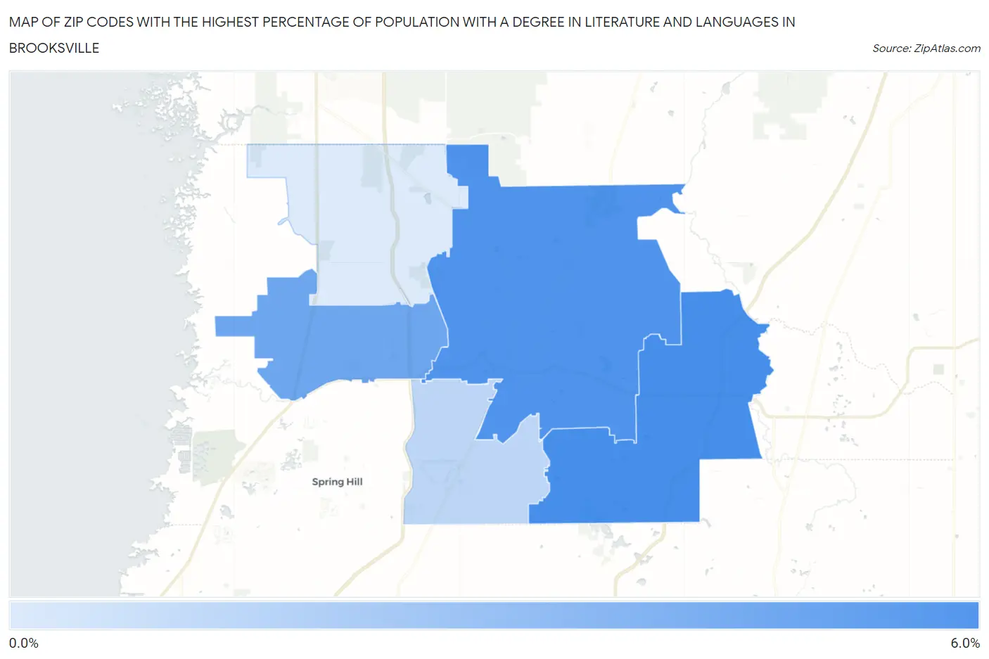 Zip Codes with the Highest Percentage of Population with a Degree in Literature and Languages in Brooksville Map
