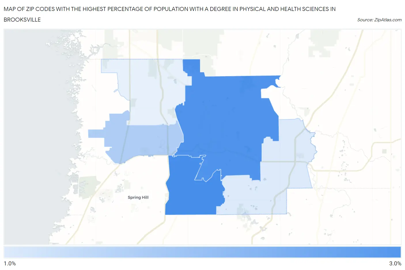 Zip Codes with the Highest Percentage of Population with a Degree in Physical and Health Sciences in Brooksville Map