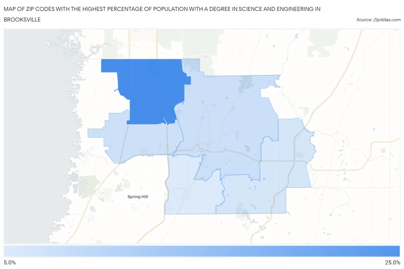 Zip Codes with the Highest Percentage of Population with a Degree in Science and Engineering in Brooksville Map