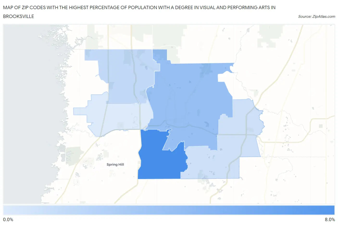 Zip Codes with the Highest Percentage of Population with a Degree in Visual and Performing Arts in Brooksville Map