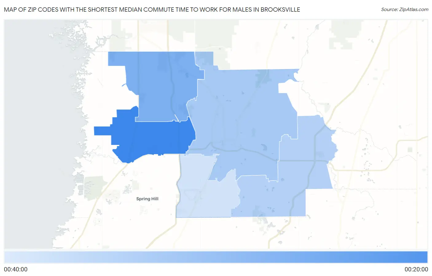 Zip Codes with the Shortest Median Commute Time to Work for Males in Brooksville Map