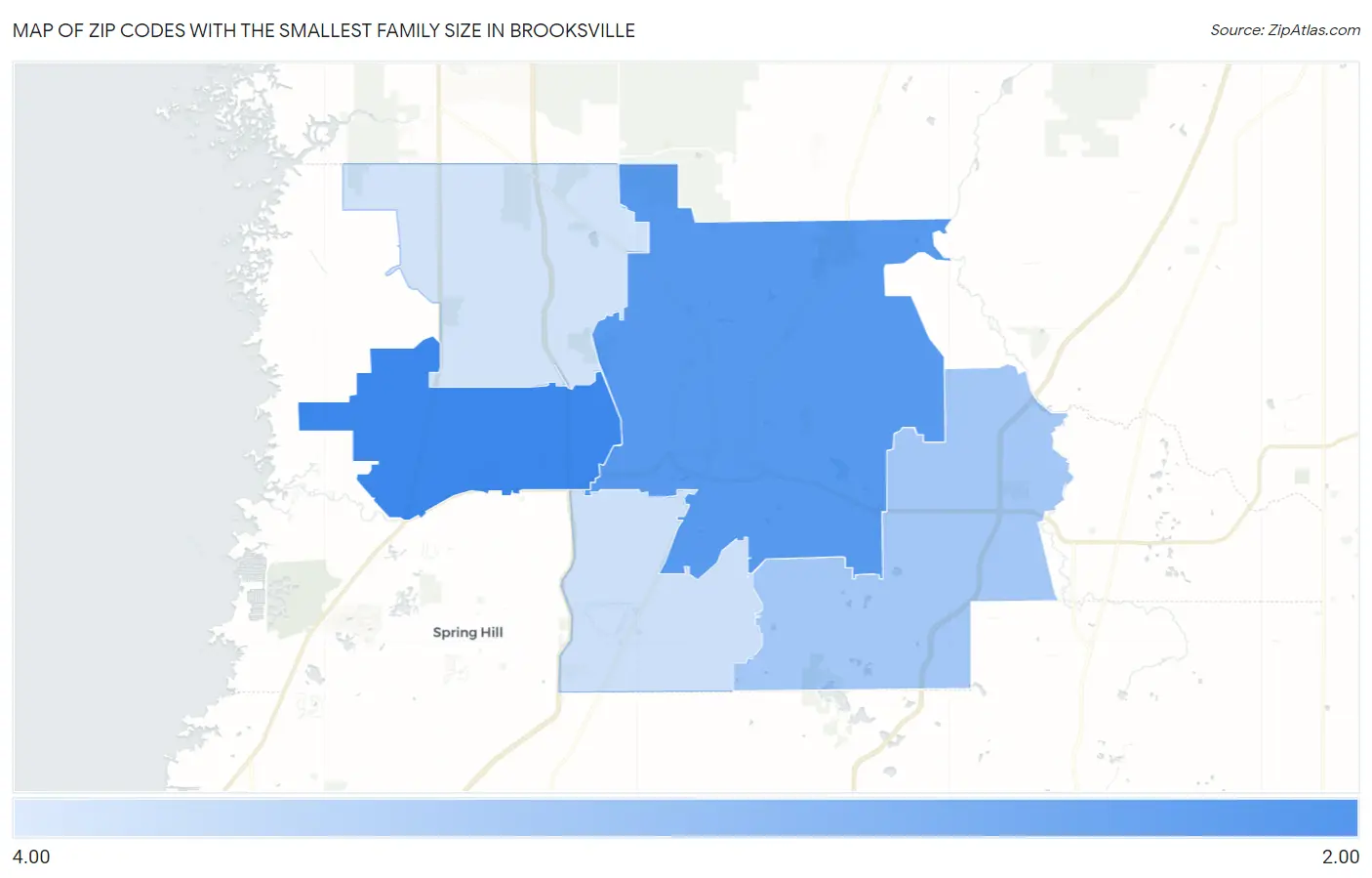 Zip Codes with the Smallest Family Size in Brooksville Map