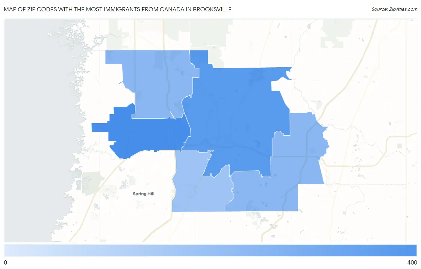 Zip Codes with the Most Immigrants from Canada in Brooksville Map