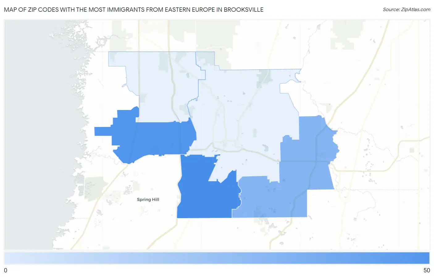 Zip Codes with the Most Immigrants from Eastern Europe in Brooksville Map