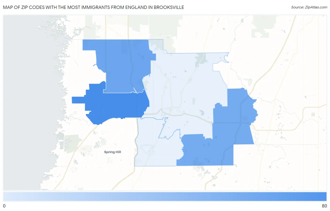 Zip Codes with the Most Immigrants from England in Brooksville Map