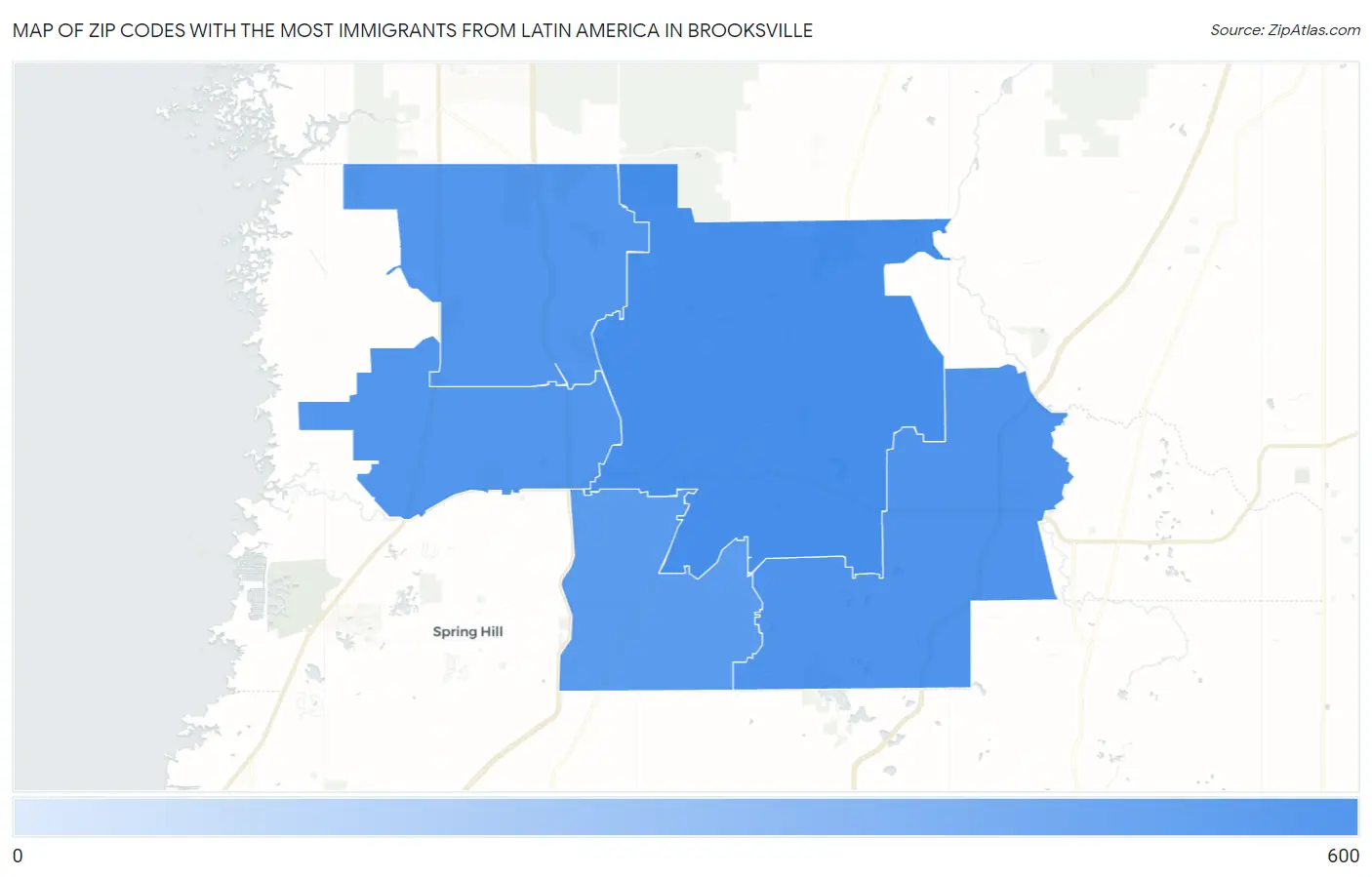 Zip Codes with the Most Immigrants from Latin America in Brooksville Map