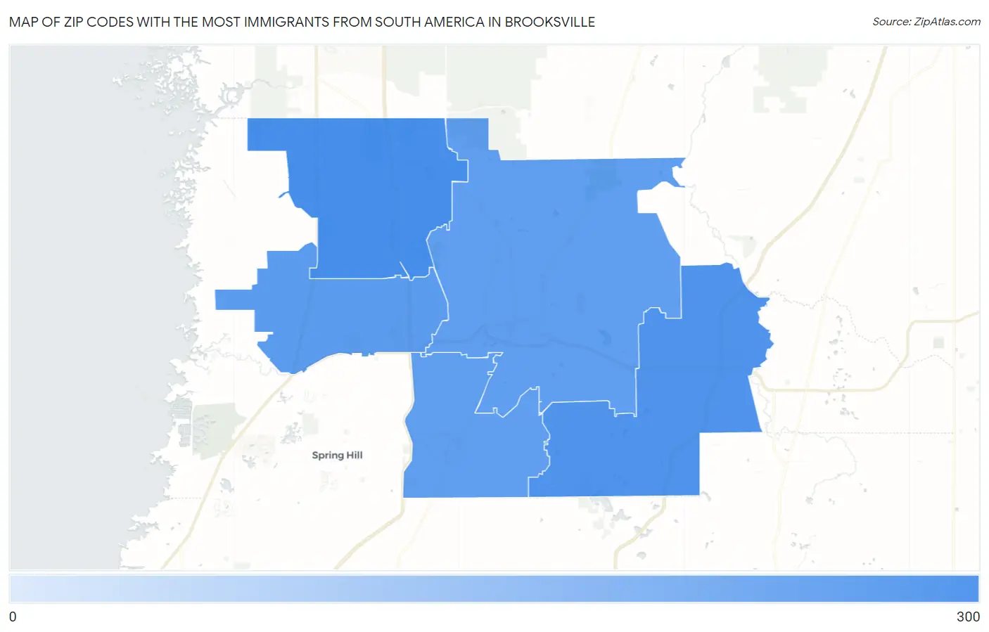 Zip Codes with the Most Immigrants from South America in Brooksville Map