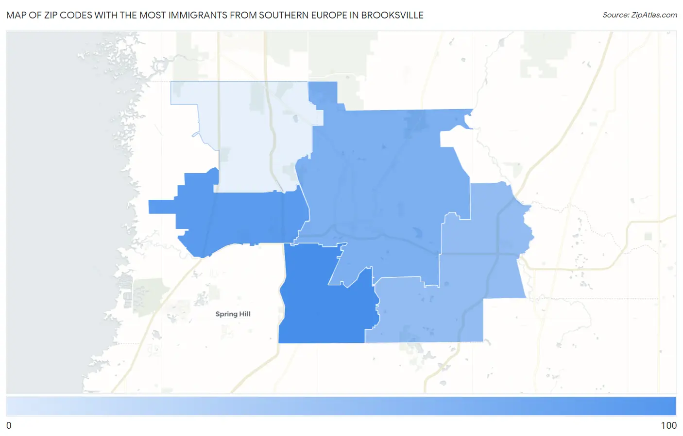 Zip Codes with the Most Immigrants from Southern Europe in Brooksville Map
