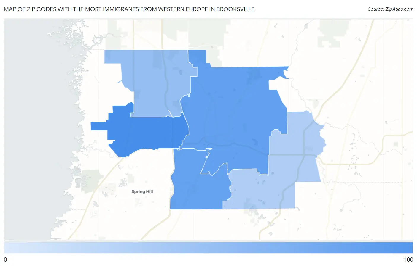 Zip Codes with the Most Immigrants from Western Europe in Brooksville Map