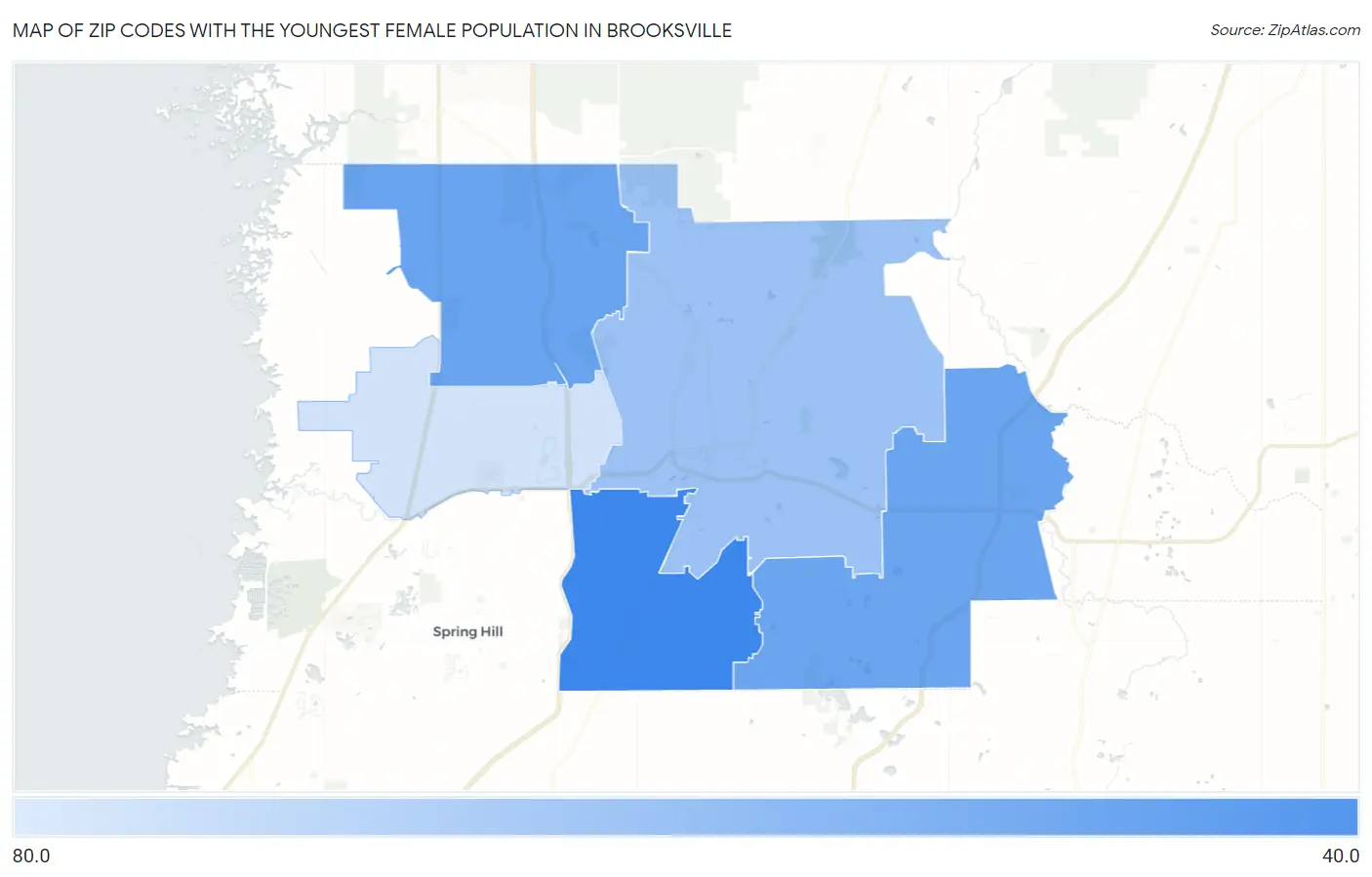 Zip Codes with the Youngest Female Population in Brooksville Map