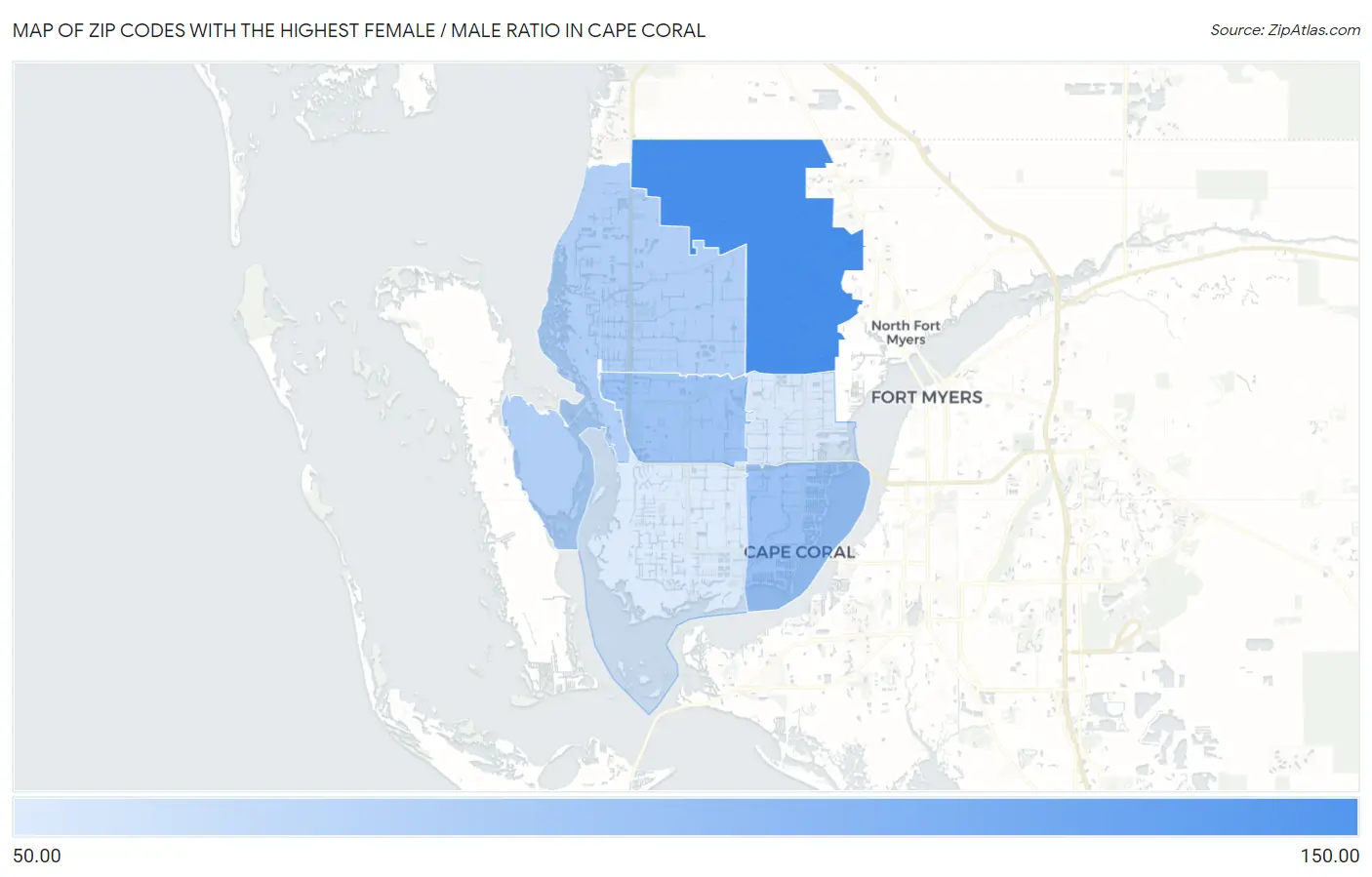 Zip Codes with the Highest Female / Male Ratio in Cape Coral Map