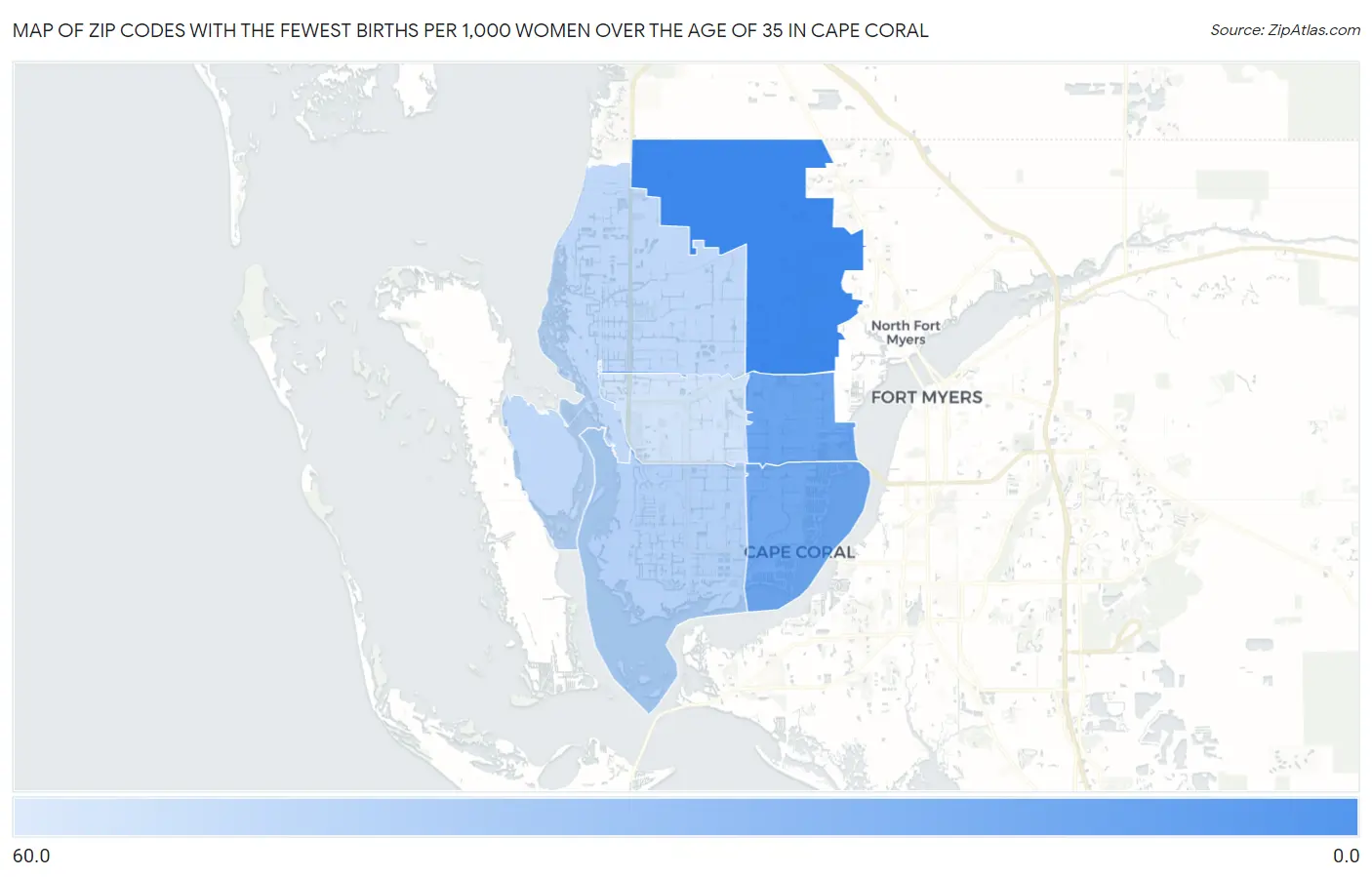 Zip Codes with the Fewest Births per 1,000 Women Over the Age of 35 in Cape Coral Map
