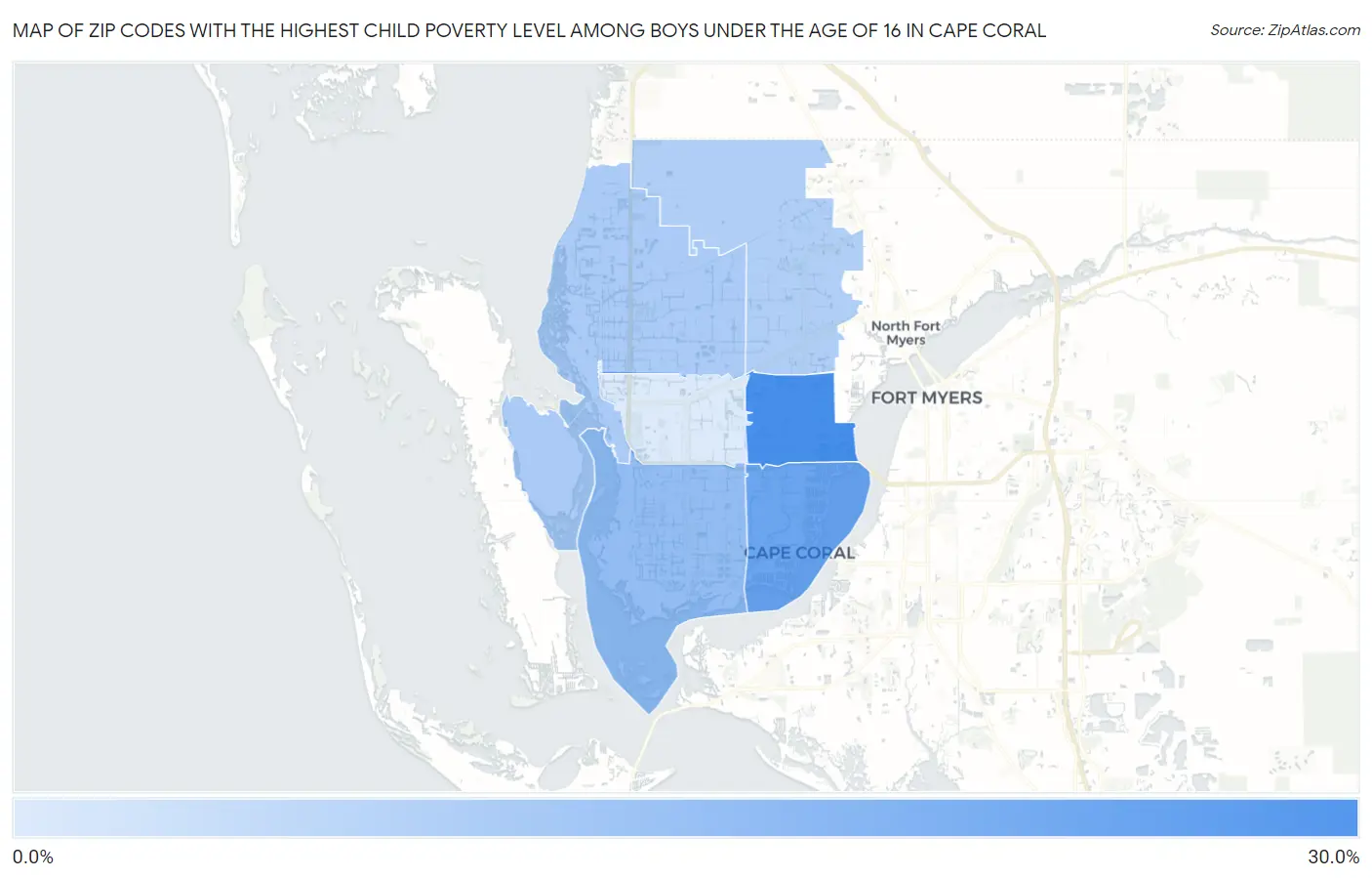Zip Codes with the Highest Child Poverty Level Among Boys Under the Age of 16 in Cape Coral Map