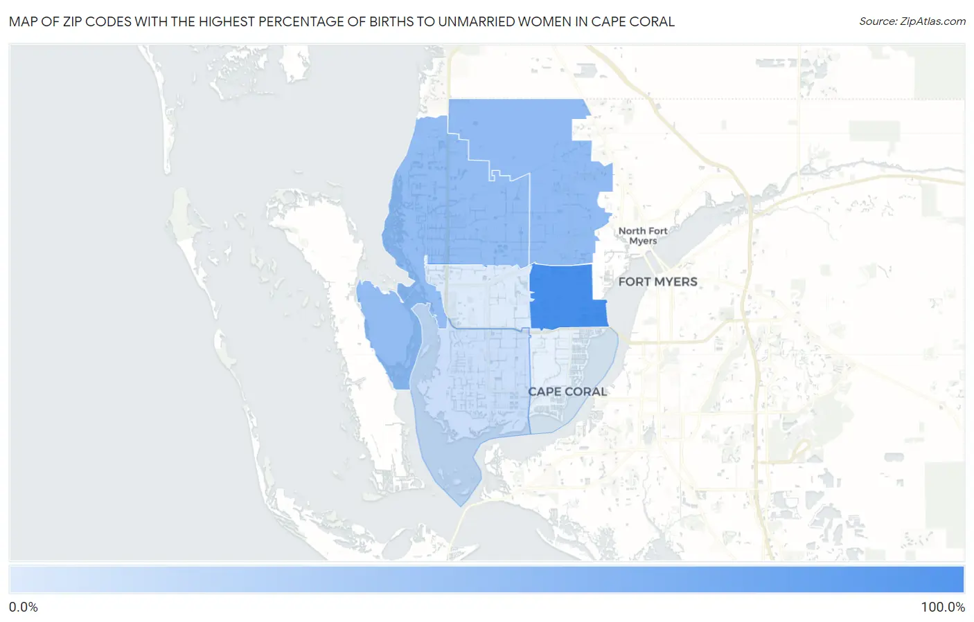 Zip Codes with the Highest Percentage of Births to Unmarried Women in Cape Coral Map