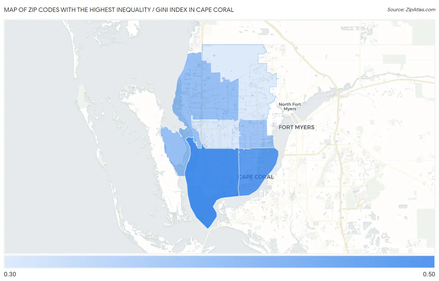 Zip Codes with the Highest Inequality / Gini Index in Cape Coral Map