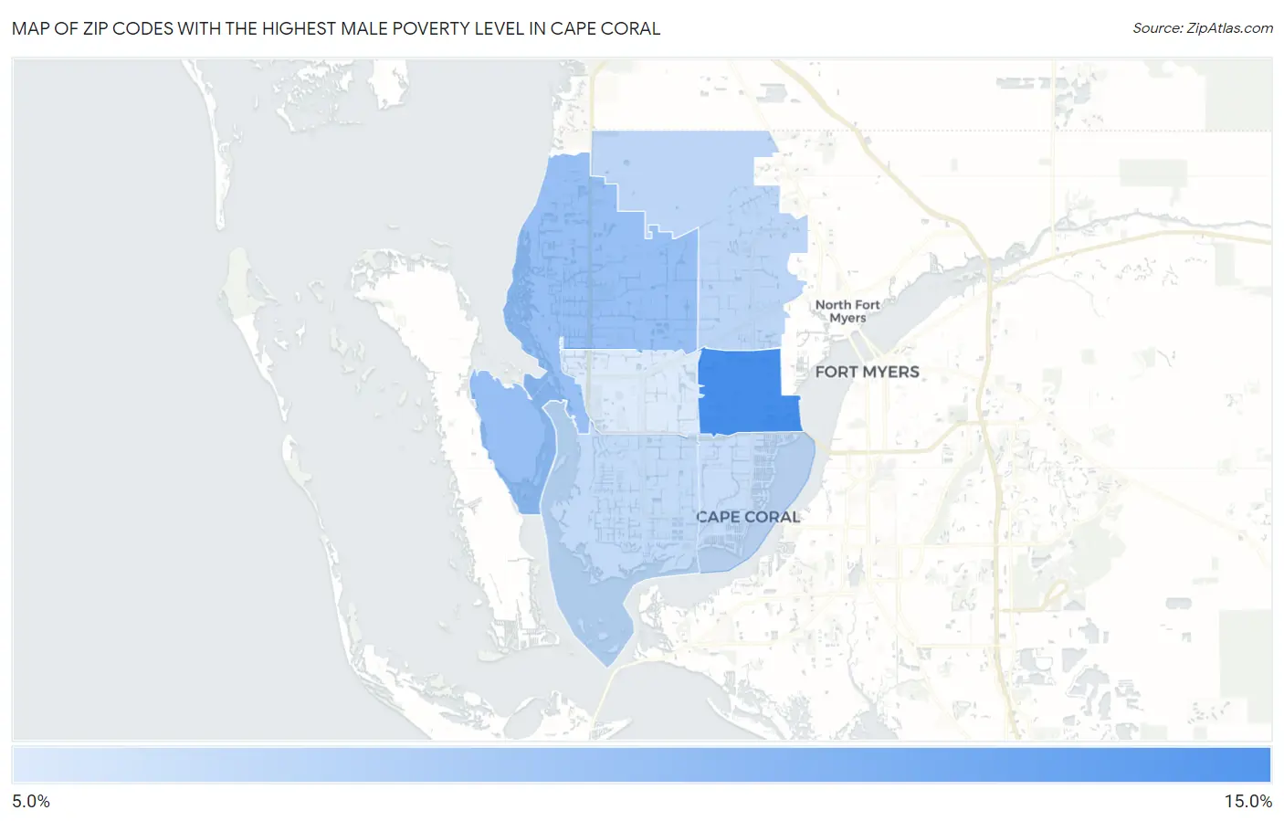 Zip Codes with the Highest Male Poverty Level in Cape Coral Map