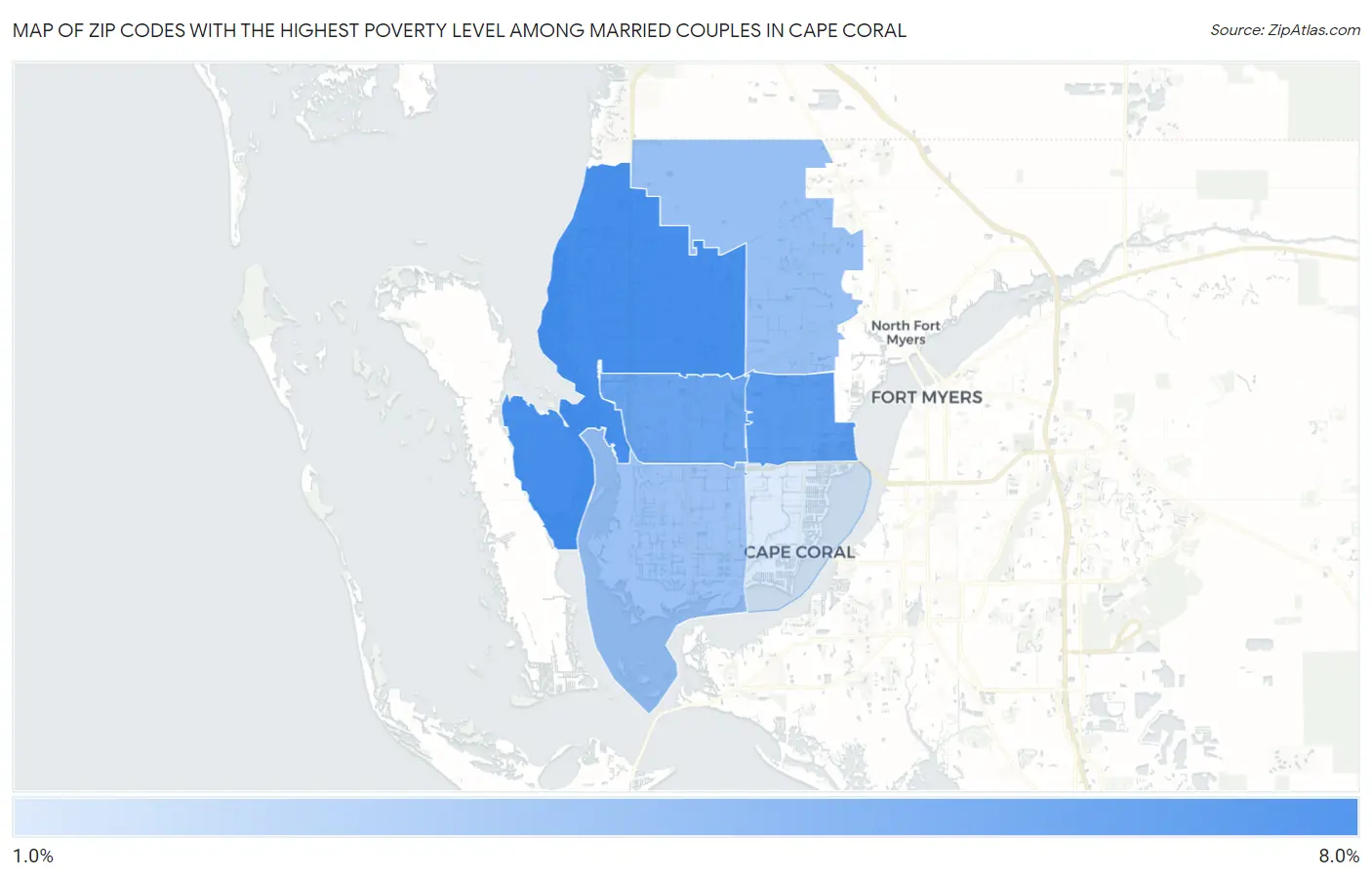 Zip Codes with the Highest Poverty Level Among Married Couples in Cape Coral Map