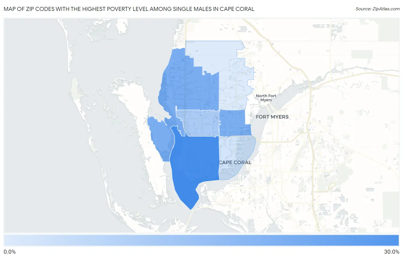 Zip Codes with the Highest Poverty Level Among Single Males in Cape Coral Map