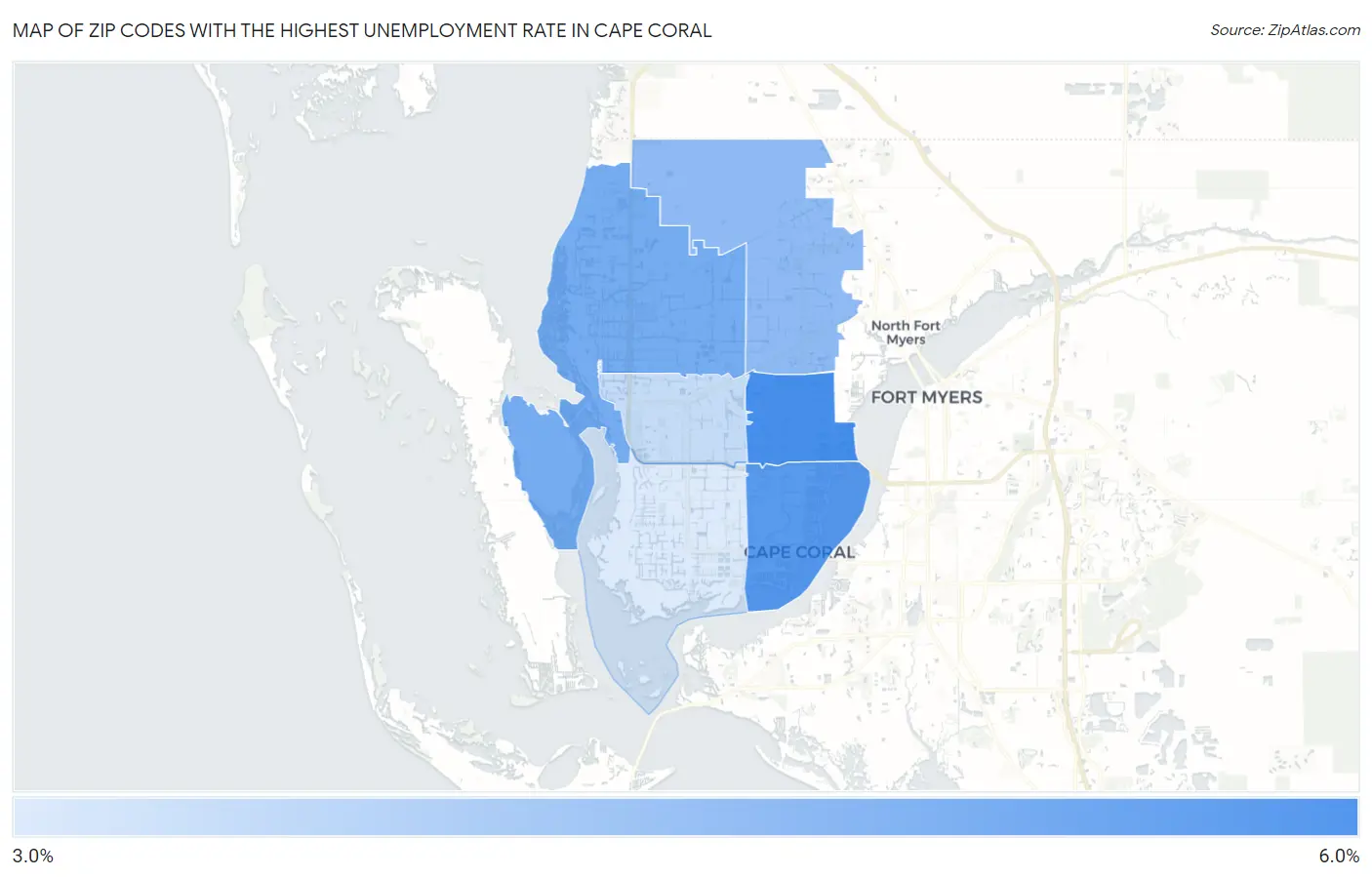Zip Codes with the Highest Unemployment Rate in Cape Coral Map