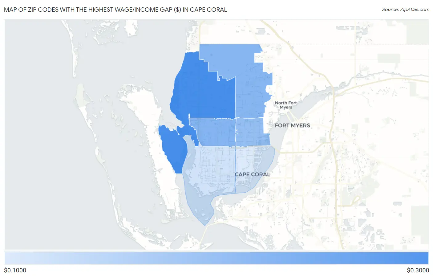 Zip Codes with the Highest Wage/Income Gap ($) in Cape Coral Map